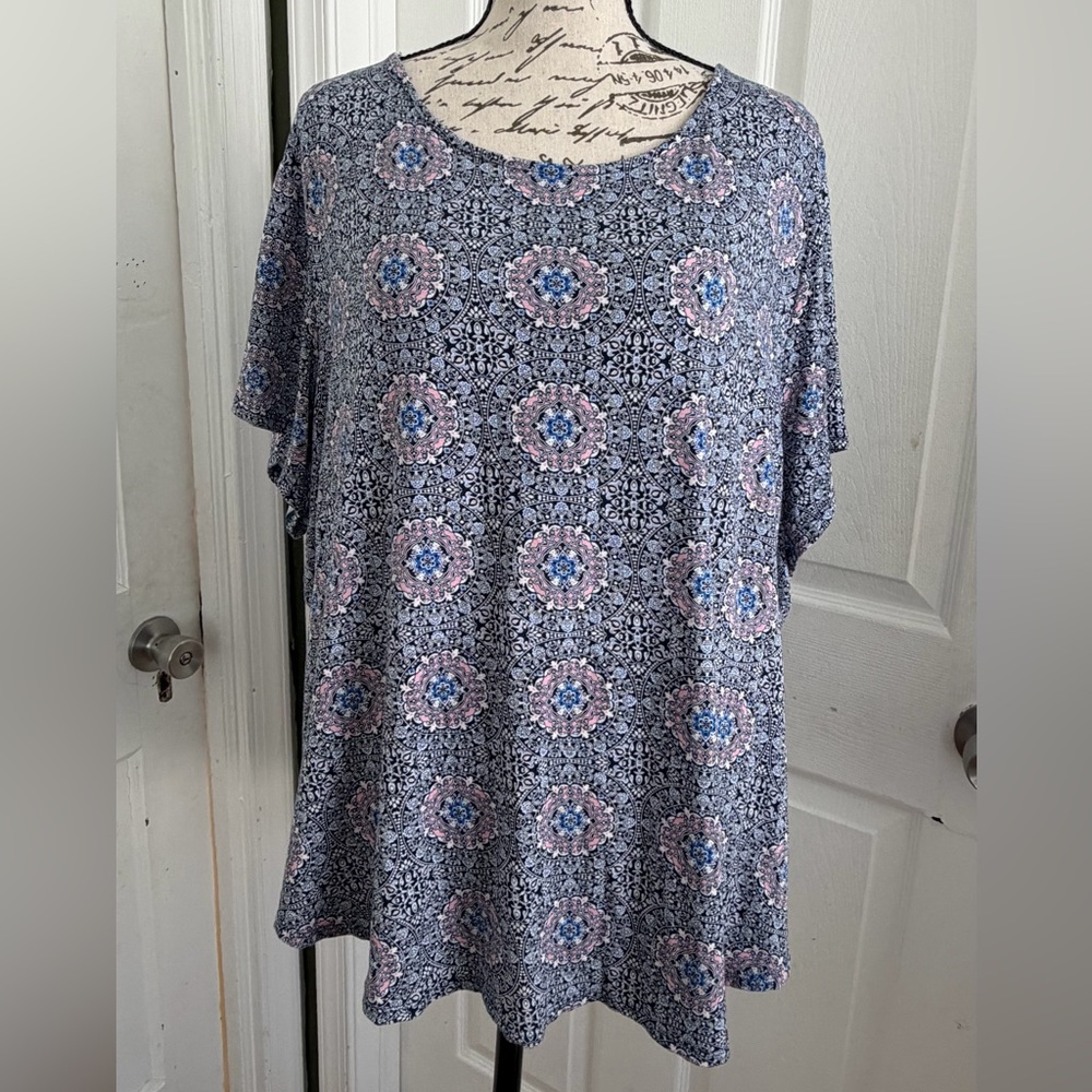 Philosophy Blue and Pink Patterned Short Sleeve Top
